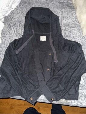 American Eagle Outfitters Cropped Dark Gray Hooded Button Cardigan
